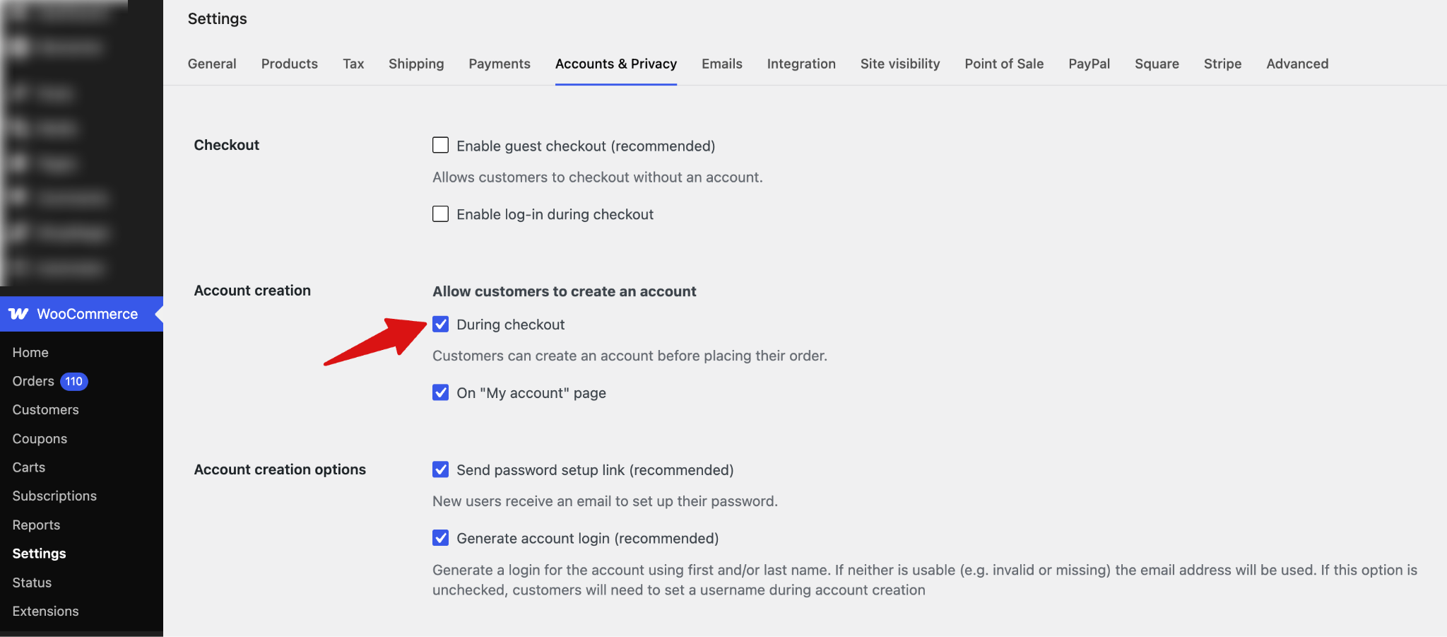 Note: Before testing, make sure Allow customers to create an account during checkout is enabled under WooCommerce → Settings → Accounts & Privacy, and save your changes.