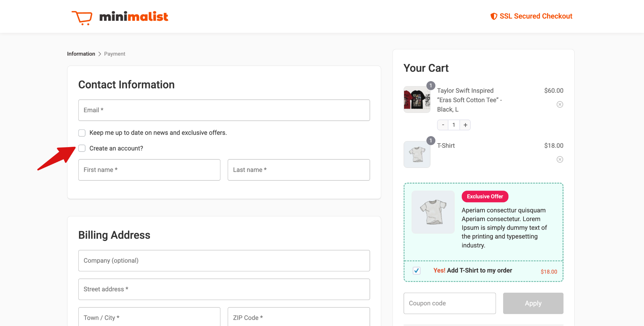 The Create an Account option should now be visible, allowing new customers to register during checkout.