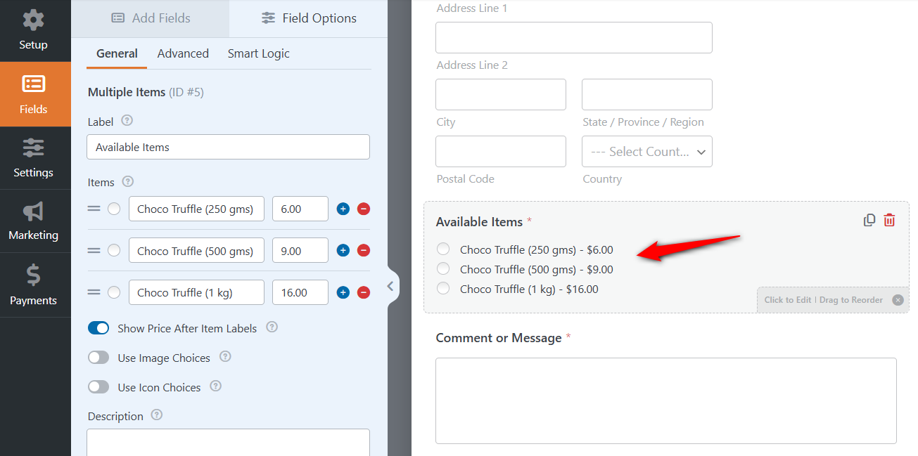 Add products, prices, and quantity fields to your wordpress order form