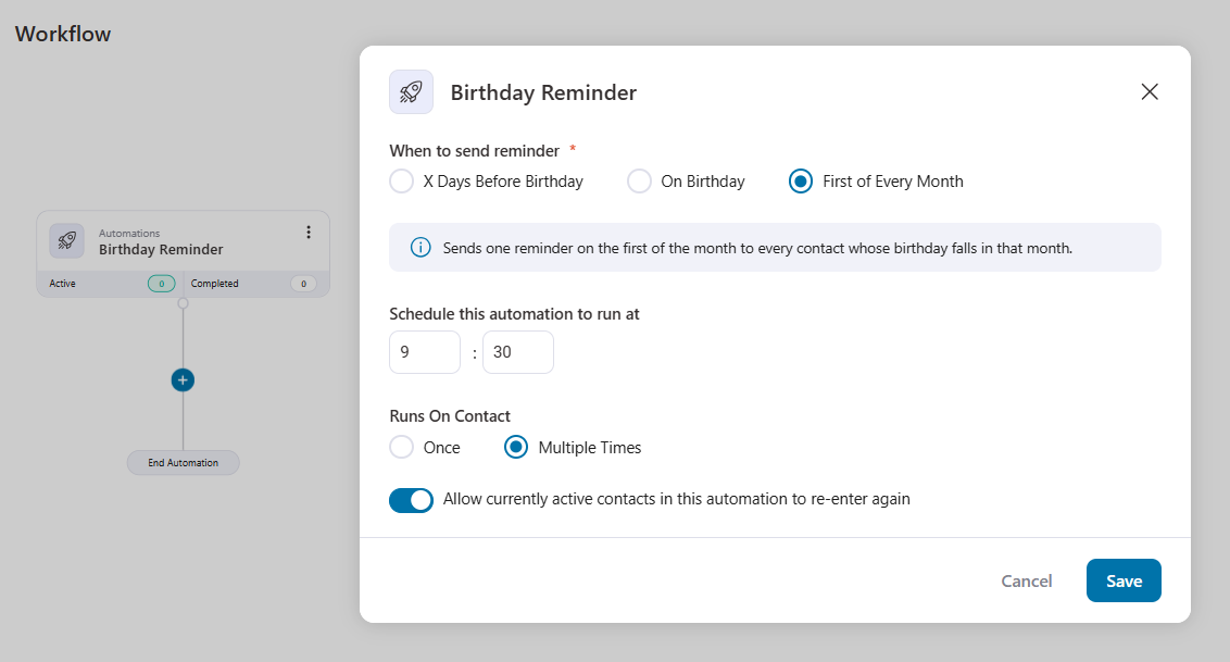 On the 1st of every month, it sends a single reminder to everyone whose birthday falls in that month. One batch, one campaign, a whole month of birthdays covered.