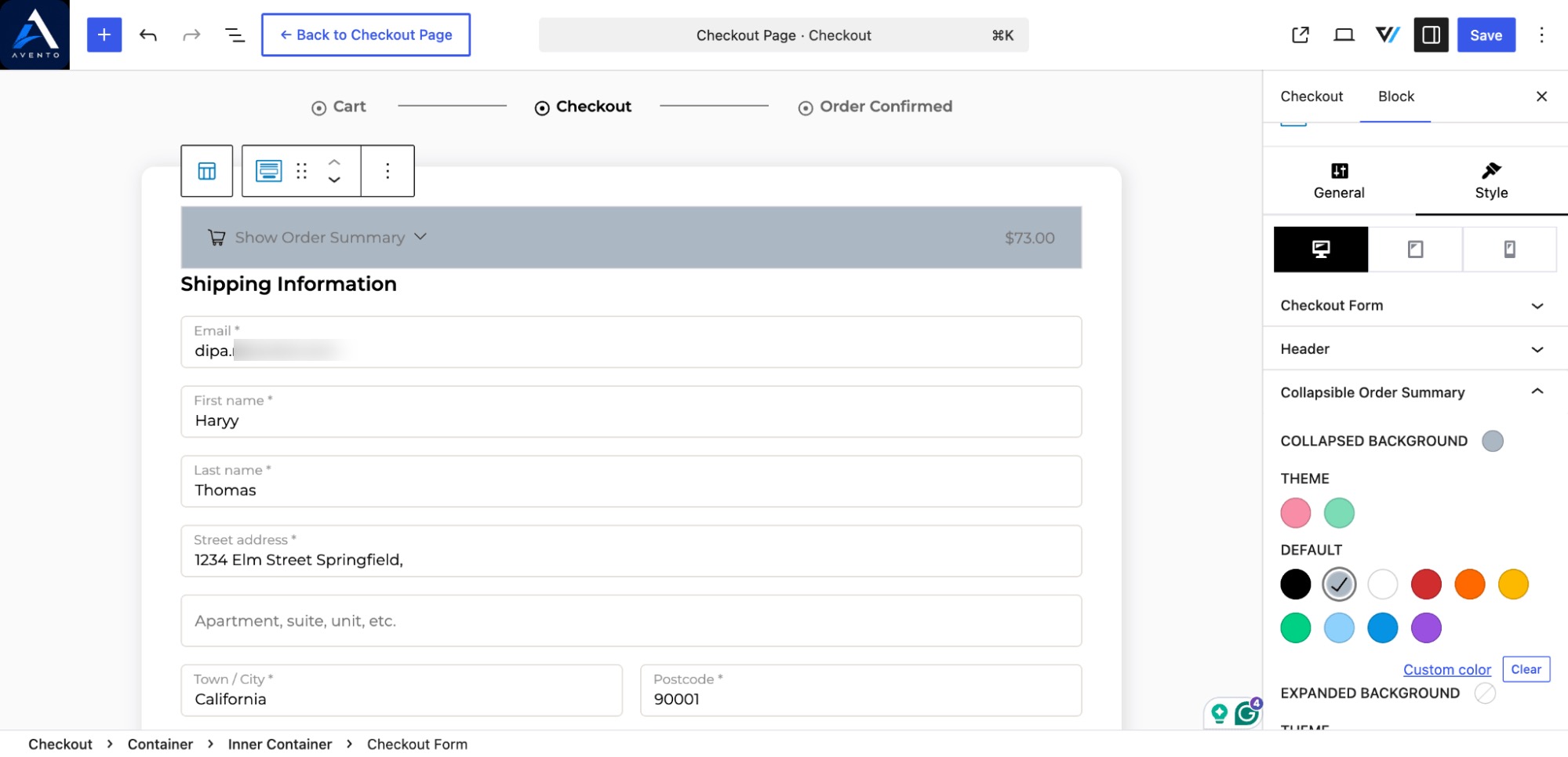 Collapsible order summary block editor