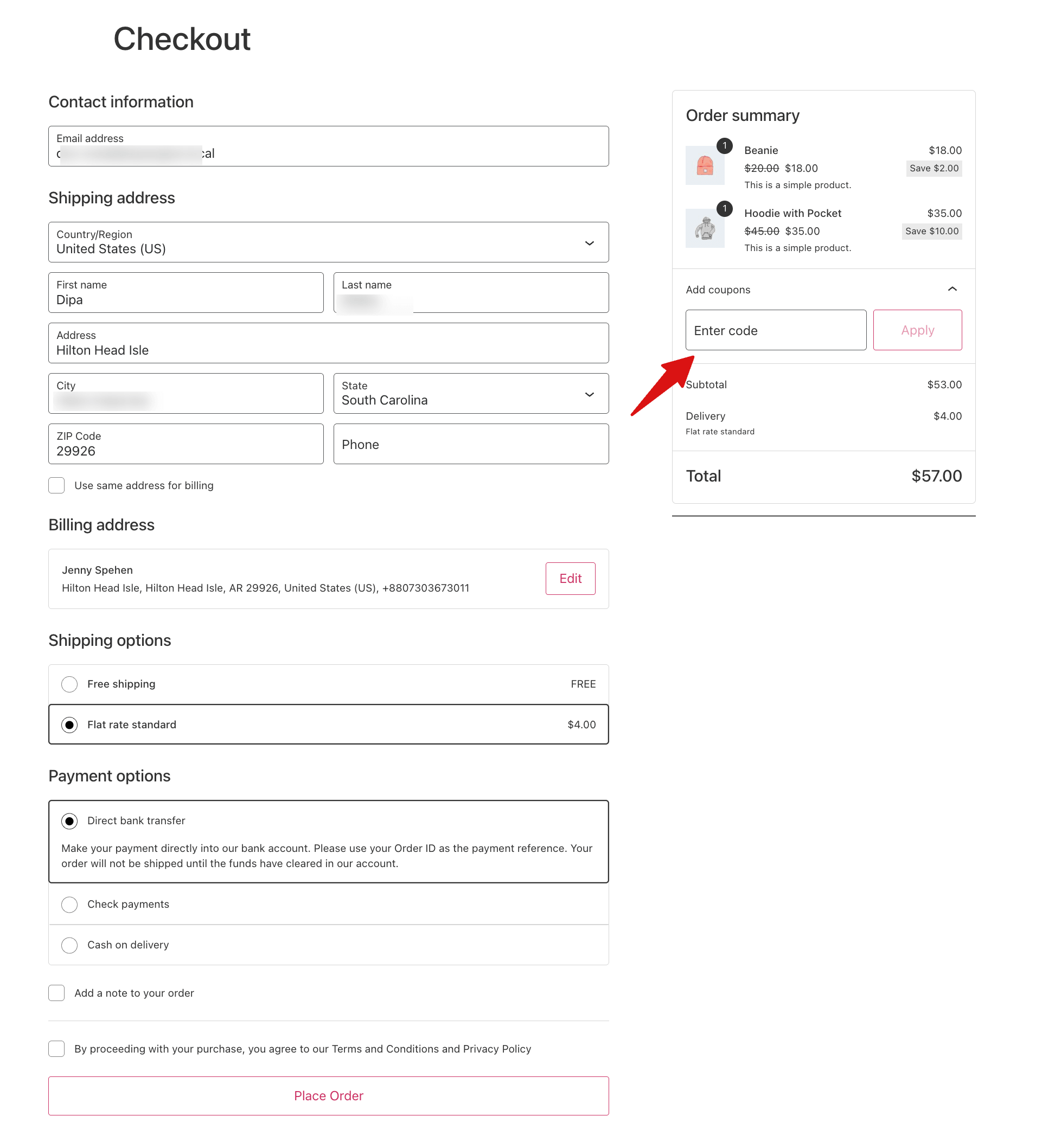 WooCommerce block checkout order summary with the coupon field opened