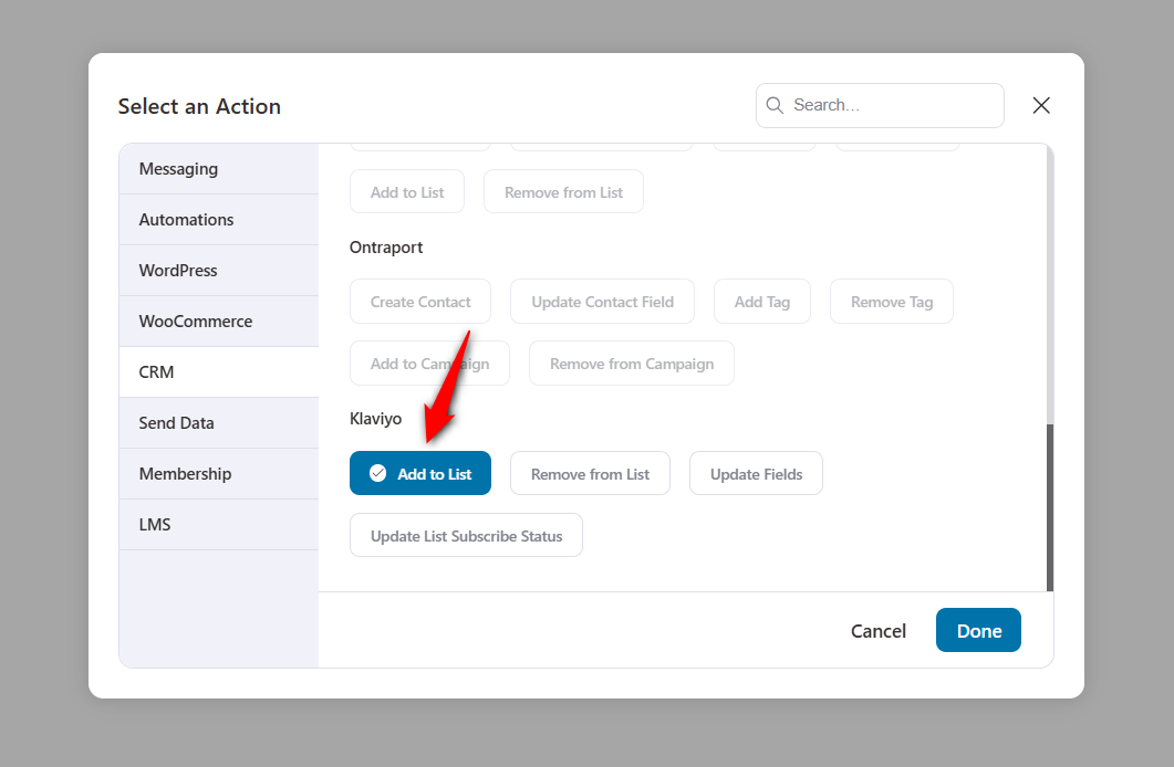 Select the ‘Add to List’ action under Klaviyo.