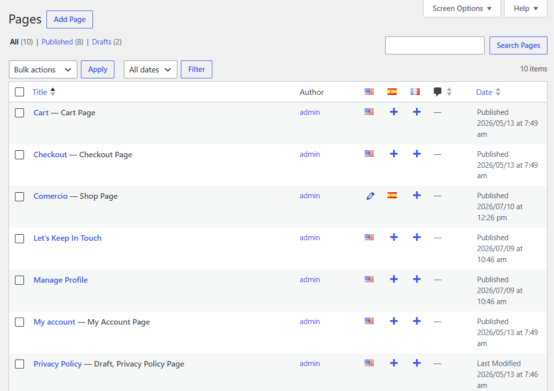 Open Pages and use the + icons to translate your Shop, Cart, Checkout, and My Account, along with any custom content on them. 