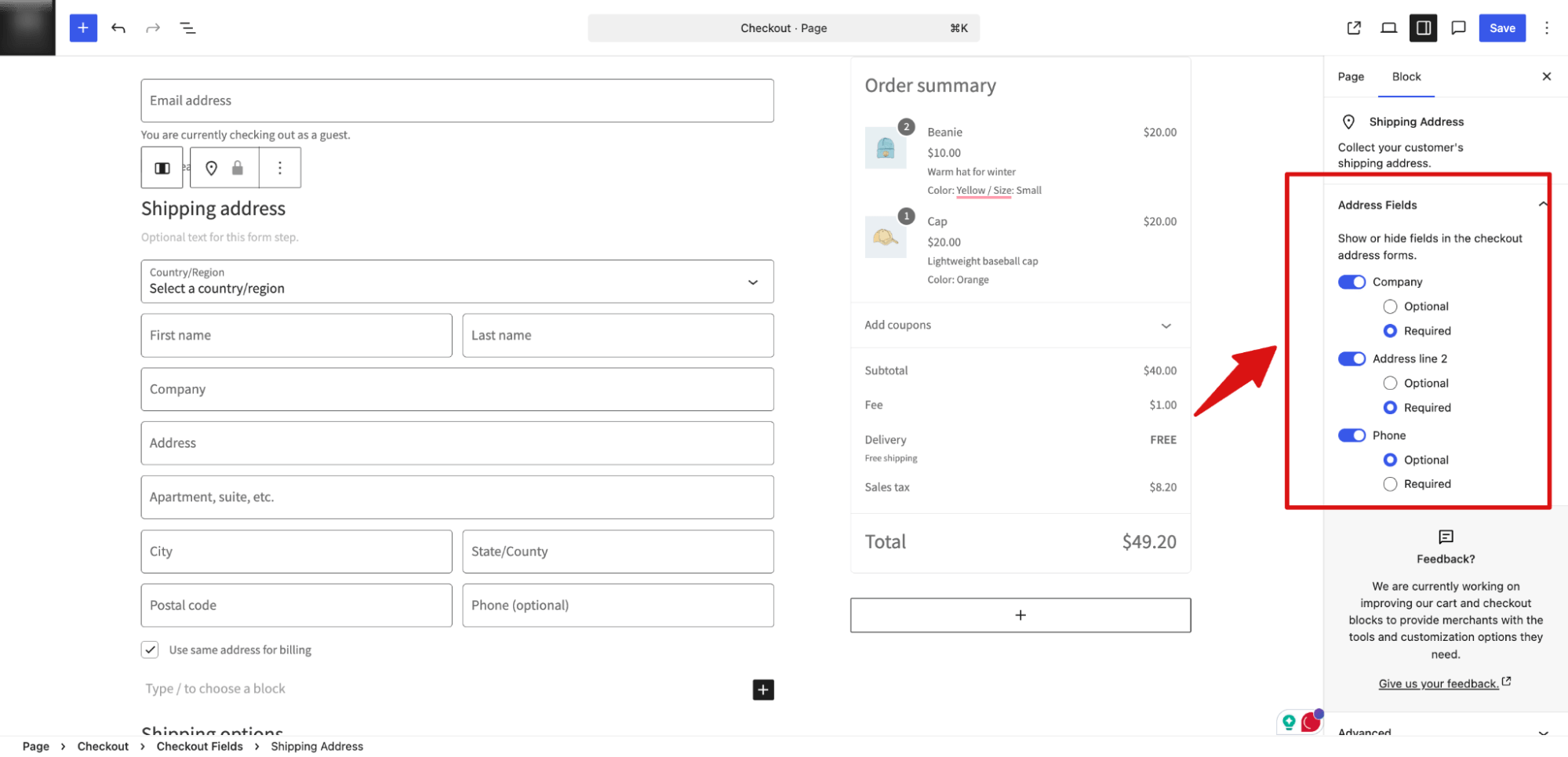 Show or hide checkout form fields