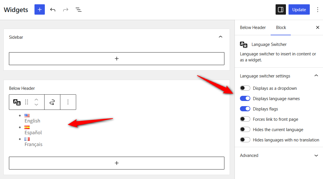 Go to Appearance ⇒ Widgets (or your theme’s menu editor) and drag the Languages item into your header. 
