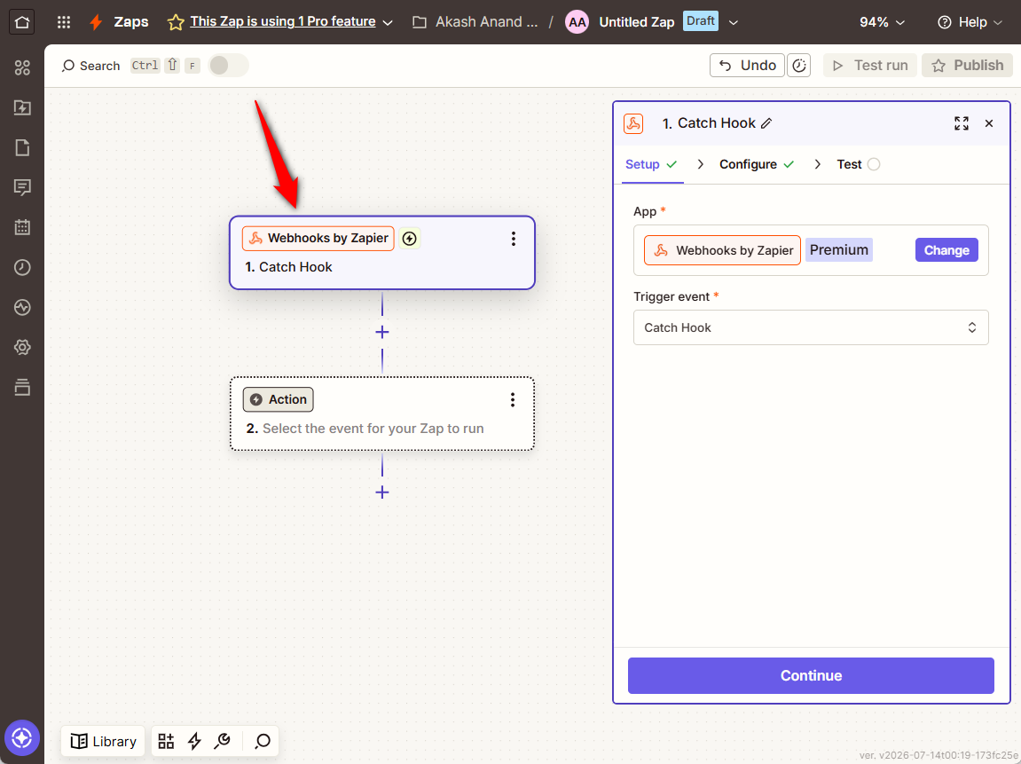 Create a Zap, choose Webhooks by Zapier with the Catch Hook event, and copy the URL.