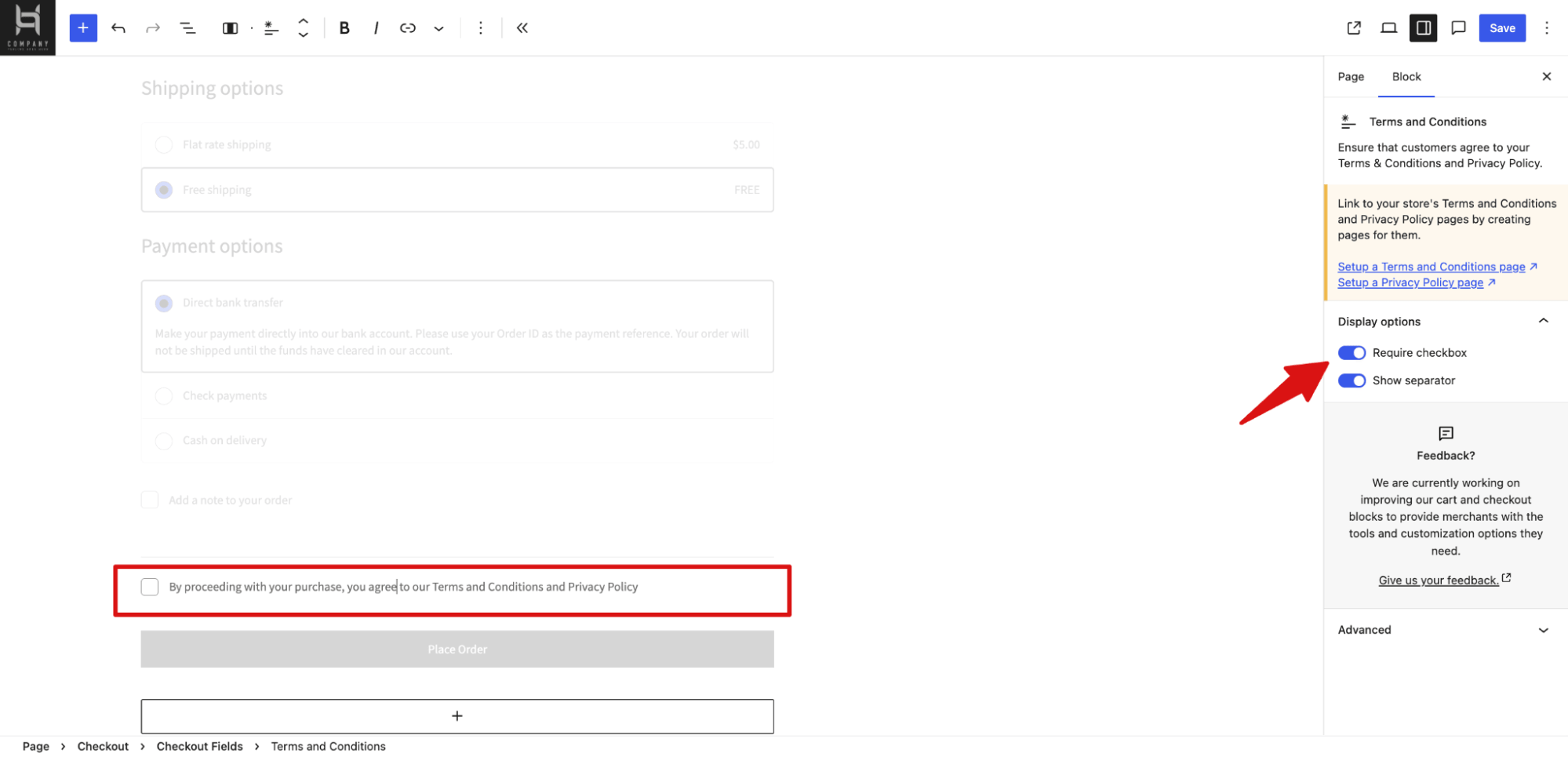 checkout page checkbox make it required or not
