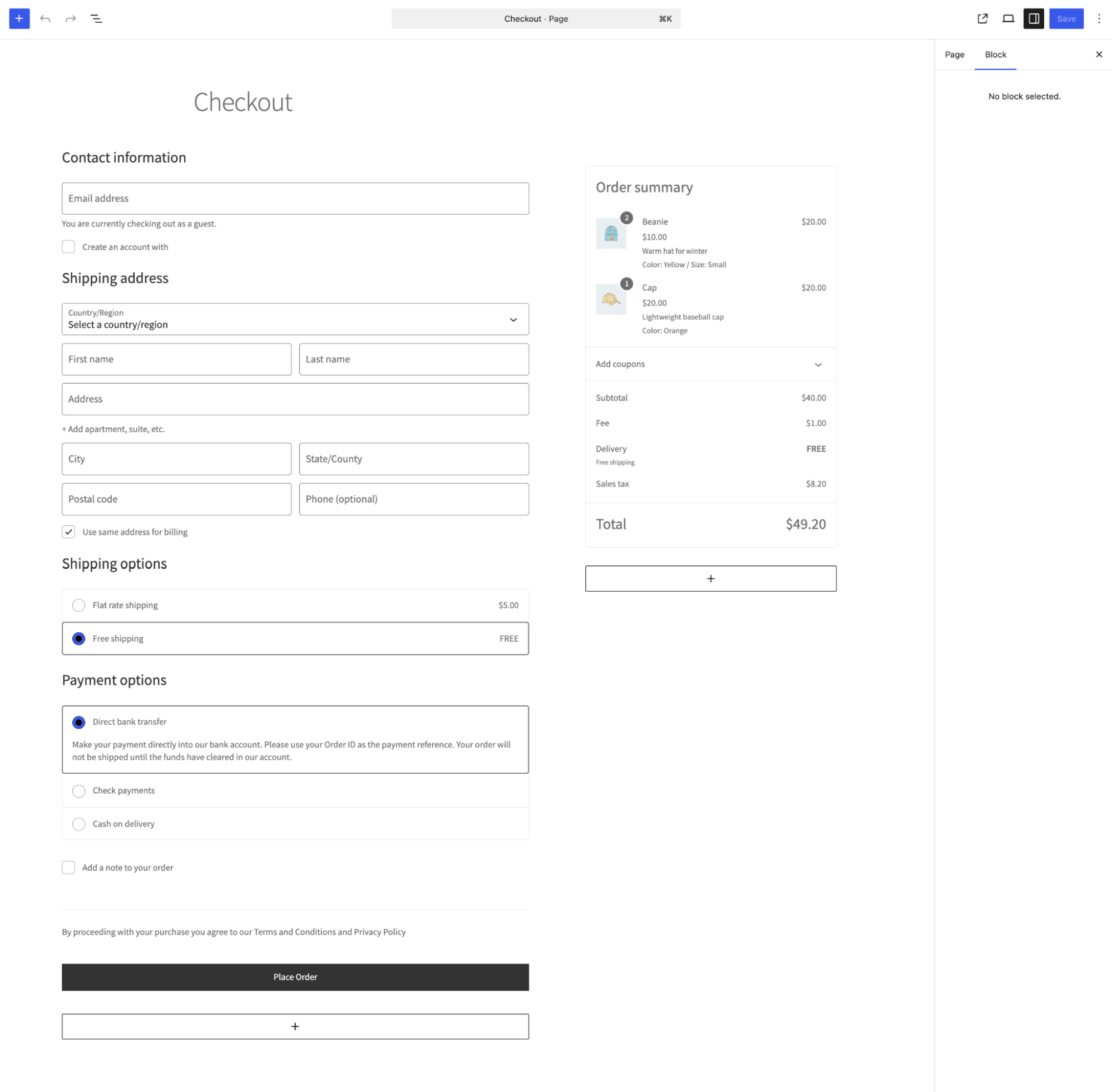 With the block editor, that changed. Every section now stands alone as its own block: contact fields, shipping, order summary- each one selectable, movable, and configurable on its own.
