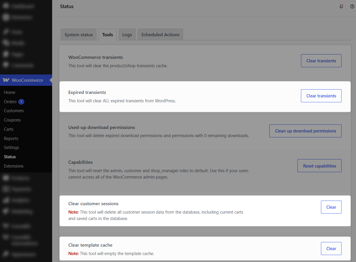 clear expired transients, customer sessions and template caches from woocommerce status - tools section