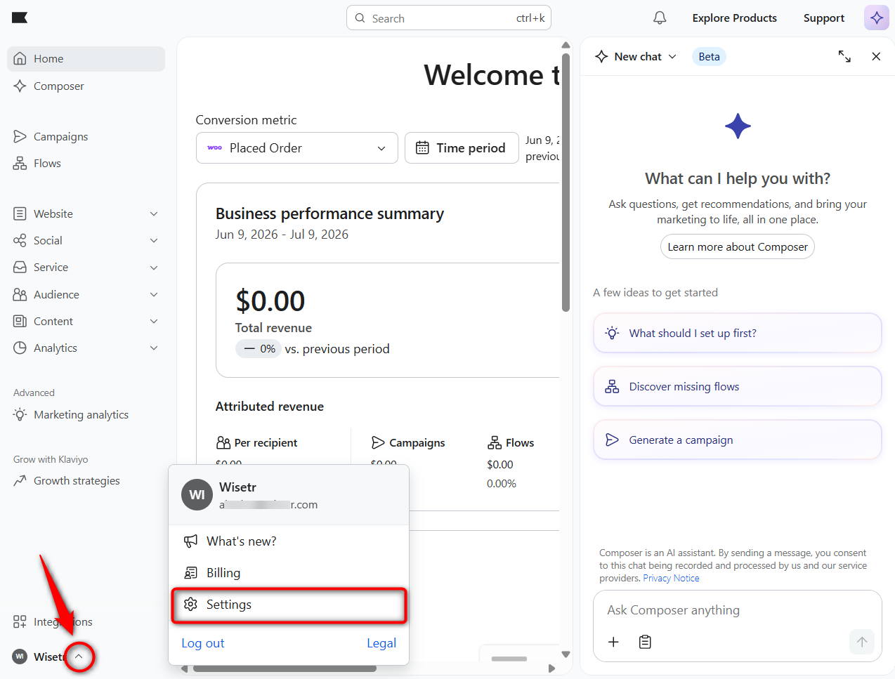 click on settings inside your klaviyo account
