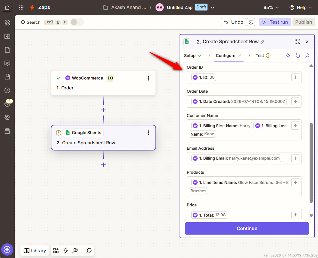 Select your drive, spreadsheet and worksheet, then map the fields: order number, order date, billing name, email address, line items, and order total.