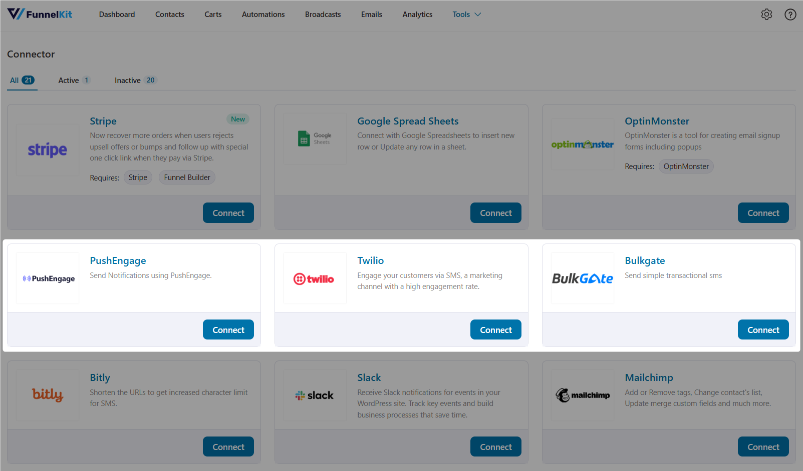 SMS runs through Twilio or BulkGate, and push runs through the PushEngage integration.