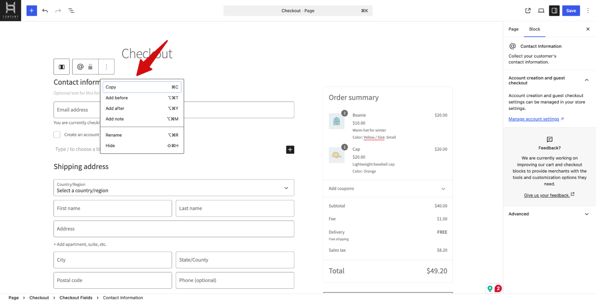 copy and paste section in WooCommerce Block editor