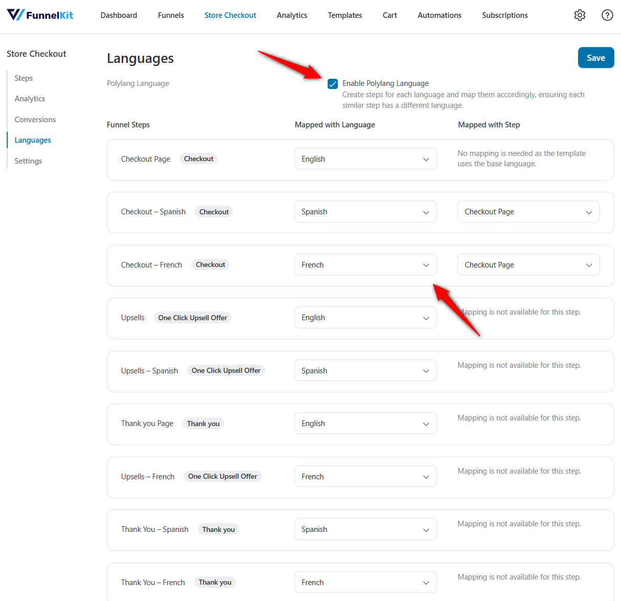 FunnelKit Funnel Builder with WPML or Polylang shows a Language tab in your store checkout settings, where you create and map separate checkout pages per language