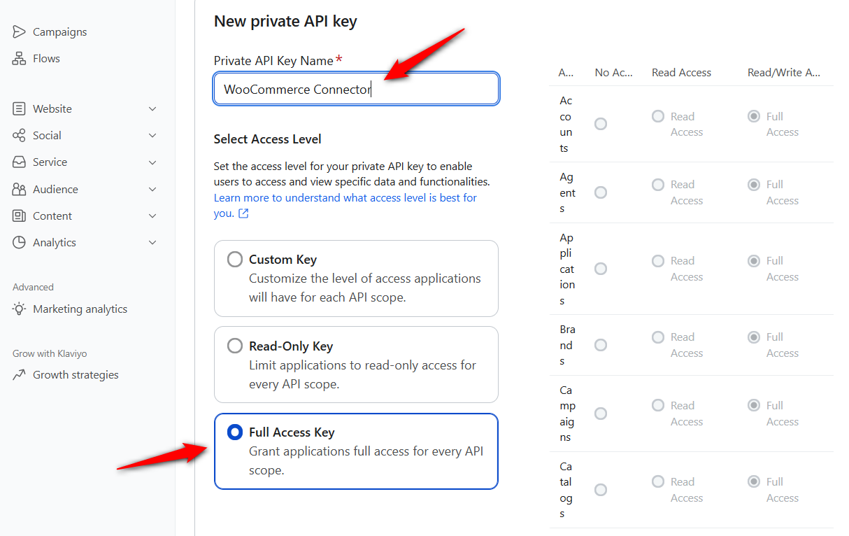 Enter the name of your API key and select the access level. 