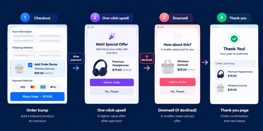 A typical WooCommerce funnel starts with an order bump on the checkout page, followed by a one-click upsell after payment. If the customer declines the upsell, they see a downsell instead.
