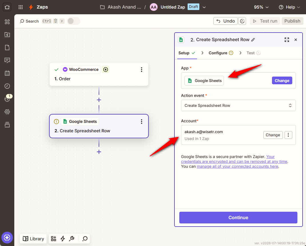 Now choose what happens with the data. Search for your action app and pick an action event. use Google Sheets with the Create Spreadsheet Row action, which gives your team and your accountant a live sales record without anyone touching the WordPress admin.