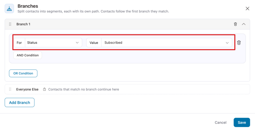 FunnelKit Automations branch condition configured with Status set to Subscribed