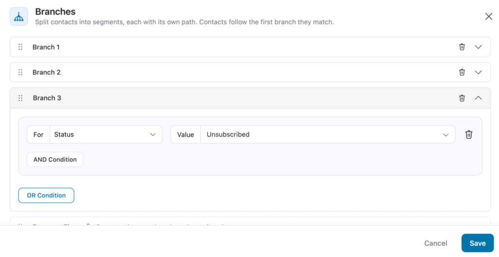 FunnelKit Automations workflow showing three branches with different contact status conditions