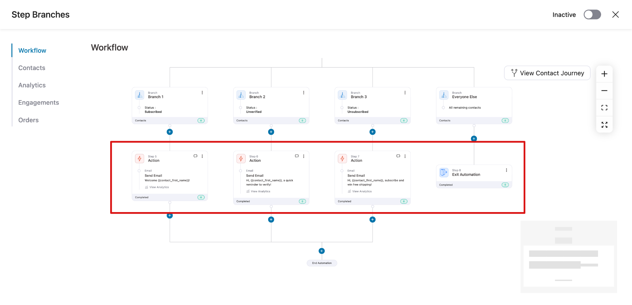 FunnelKit Automations workflow with Send Email actions on three branches and Exit for Everyone Else