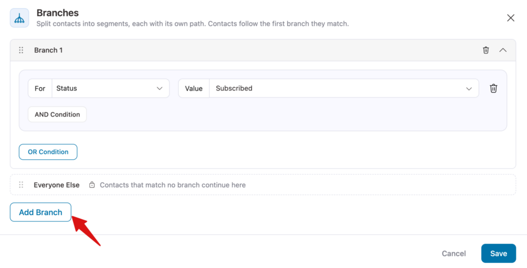 FunnelKit Automations workflow showing multiple branches added to an automation