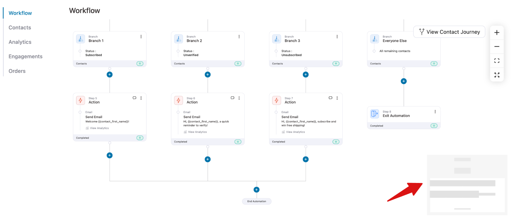 FunnelKit Automations workflow Mini Map showing multiple branches