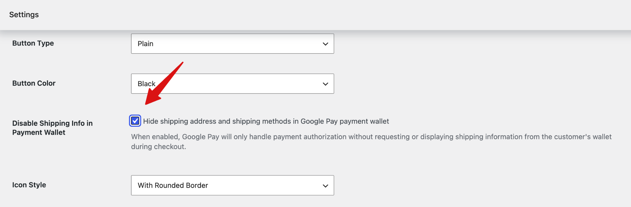 Disable shipping information in the Google Pay payment wallet