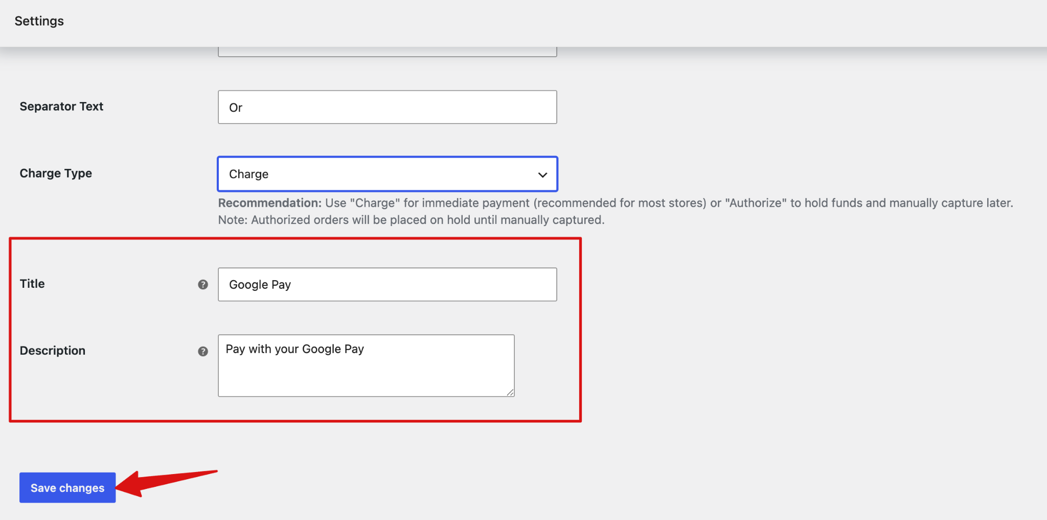 Set the Google Pay title and description