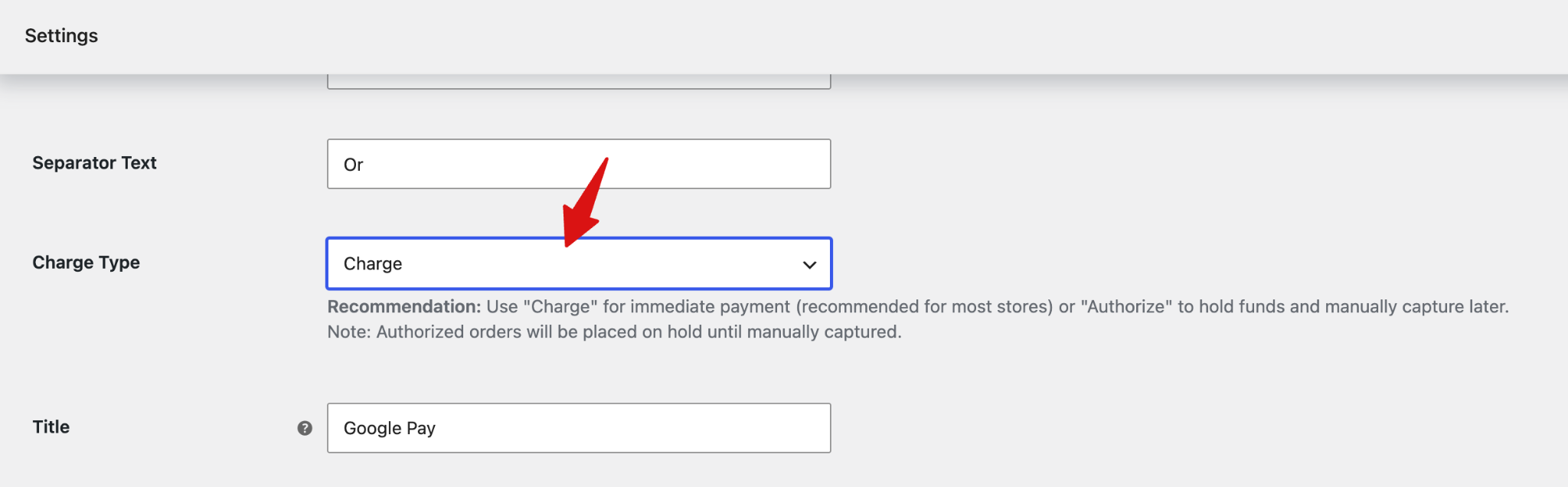 Configure Google Pay charge type for payment processing