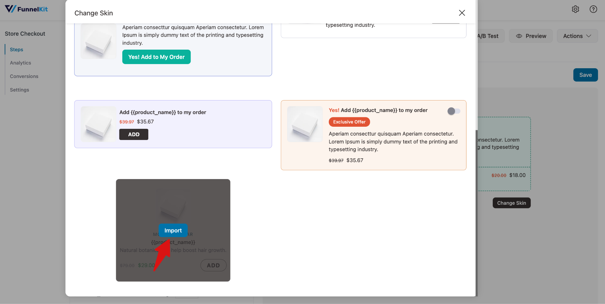 Importing the multi-product slider skin for the order bump