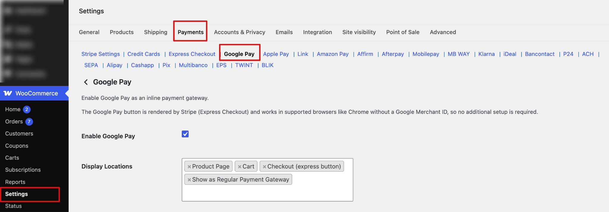 Google Pay settings in WooCommerce Payments