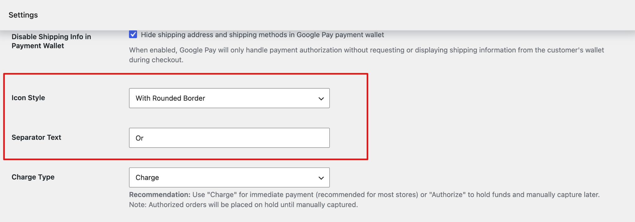 Configure Google Pay icon style and separator text