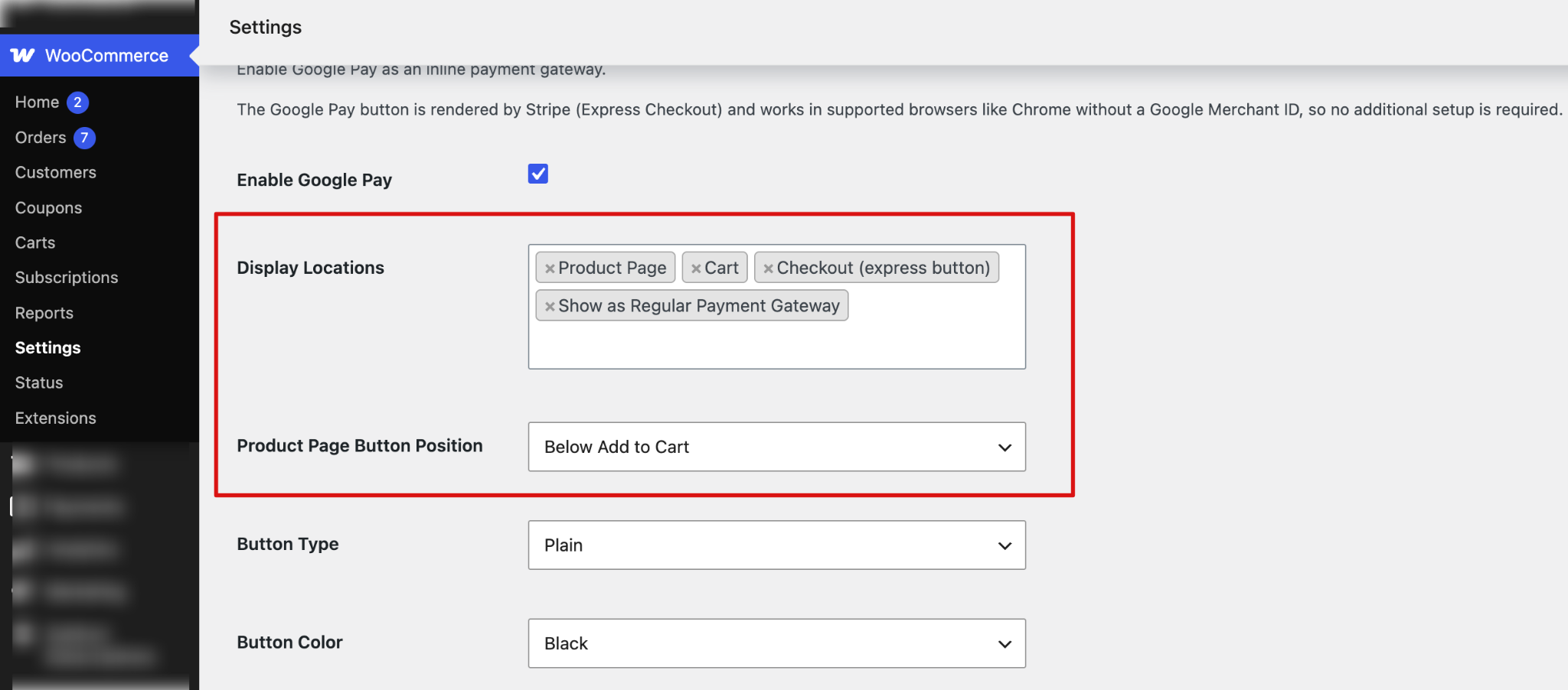 Configure Google Pay display locations and button position