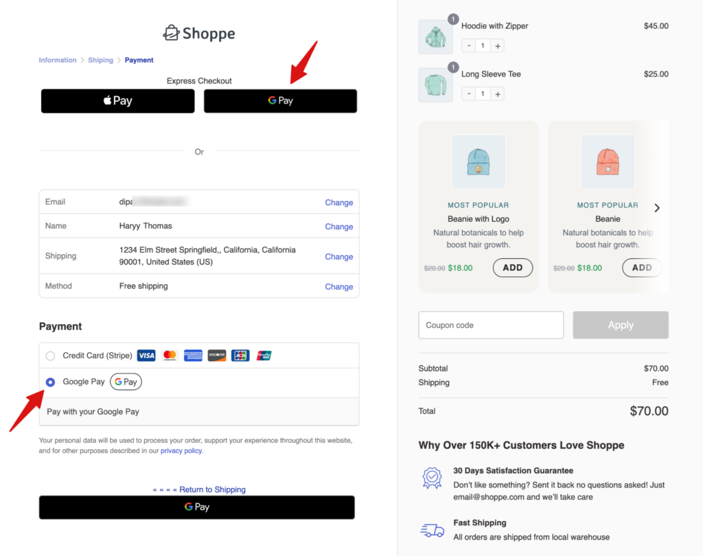 Google Pay express checkout and inline payment options