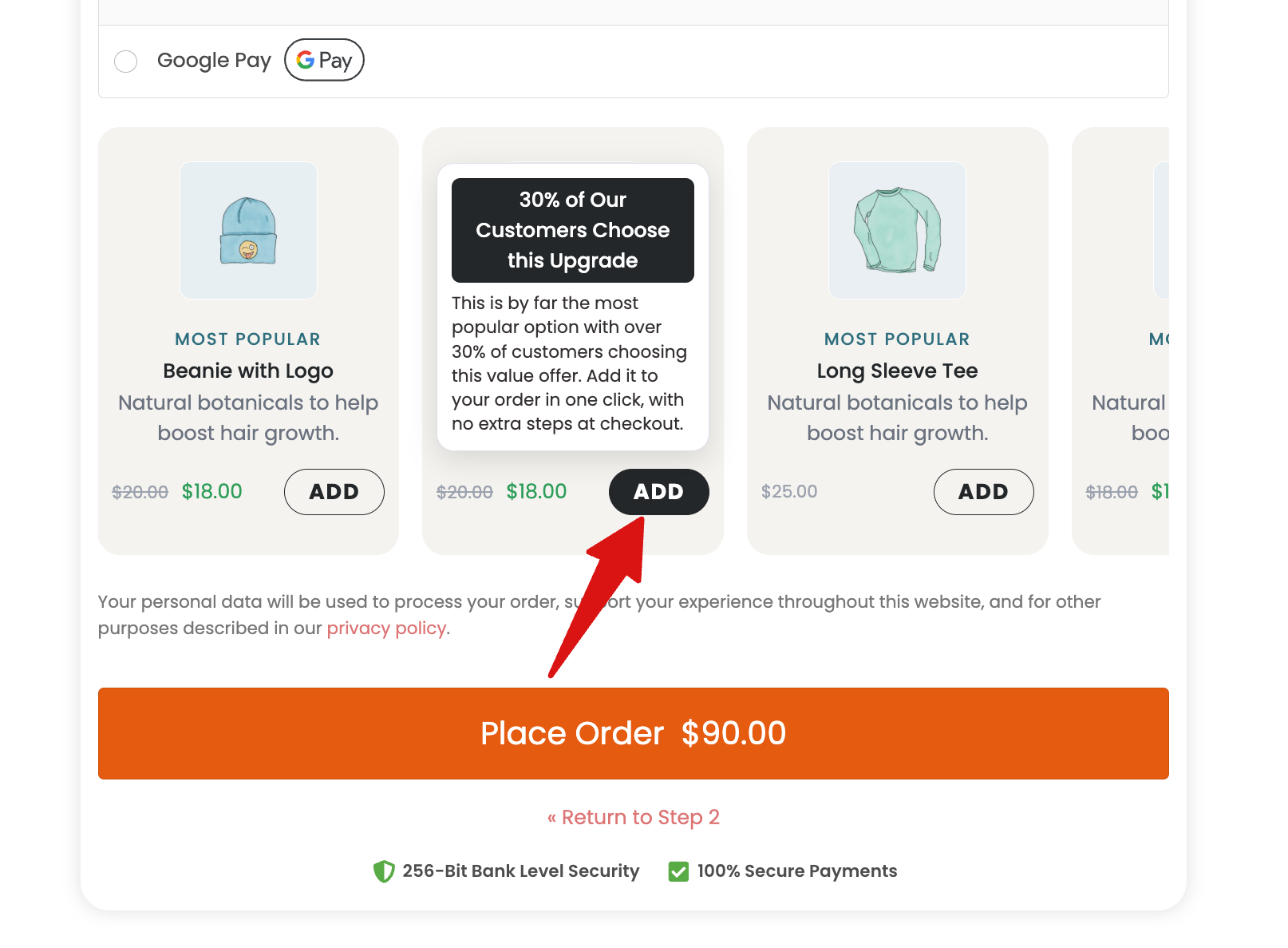 Customer swiping through slider order bump products at checkout