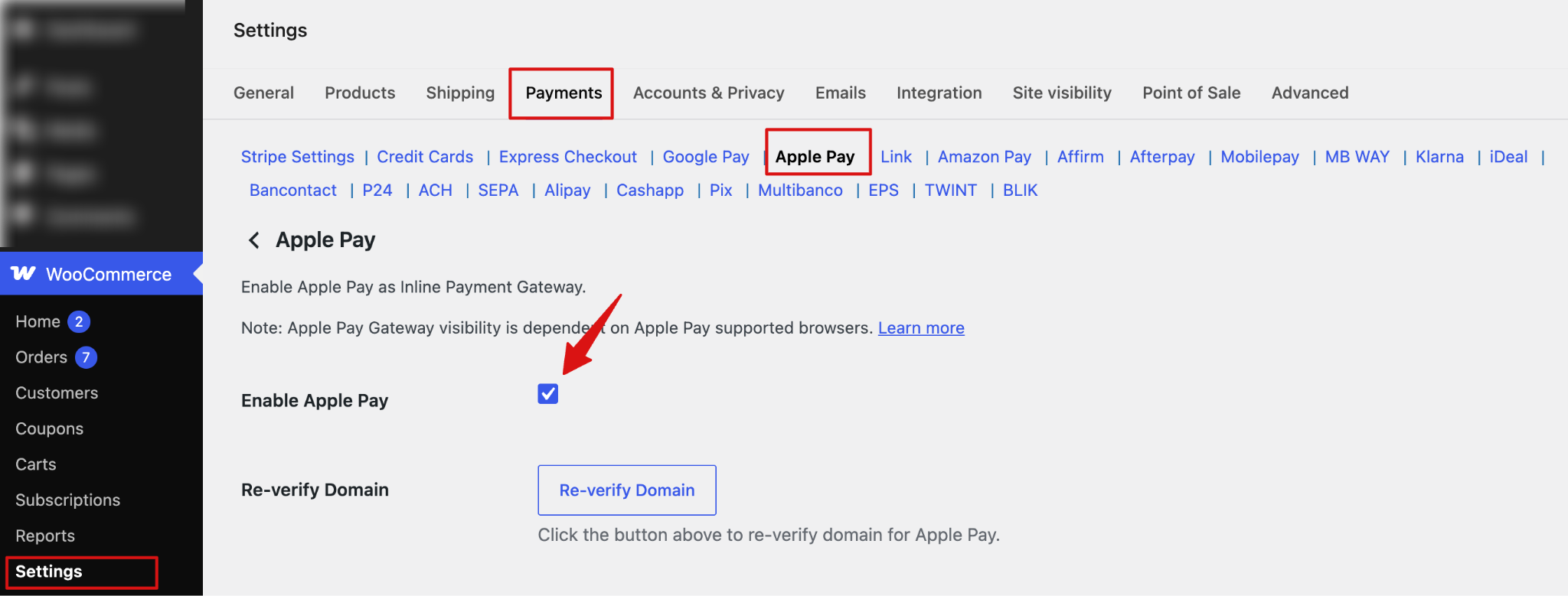 Enable Apple Pay and verify the domain in WooCommerce settings