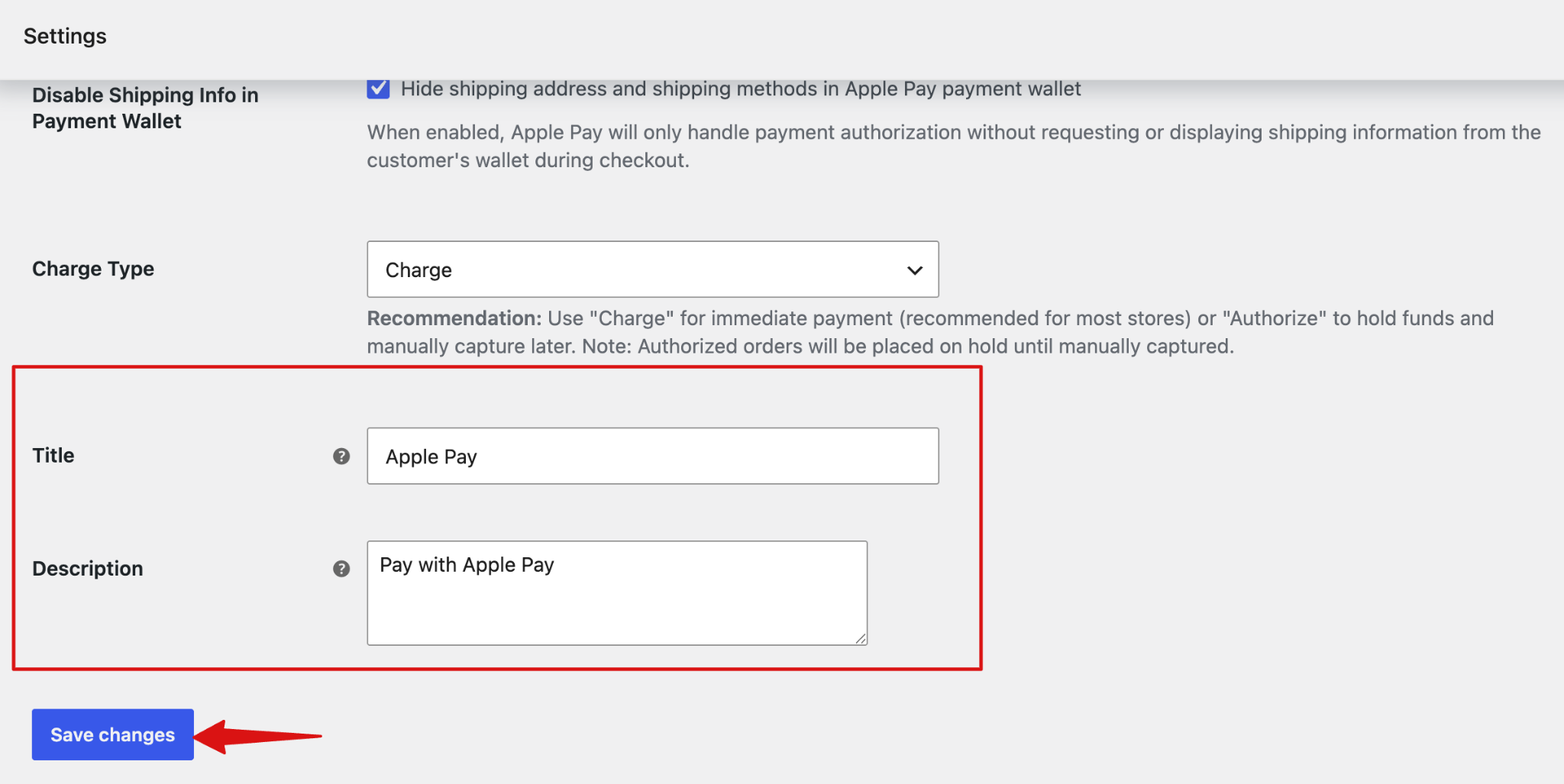 Set the Apple Pay title and description for the payment gateway