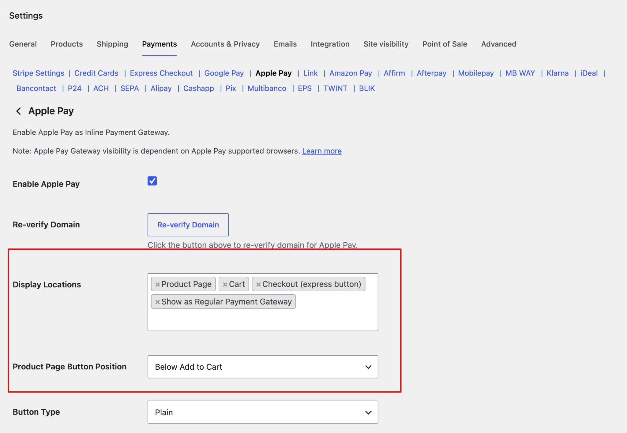 Configure Apple Pay display locations and product page button position