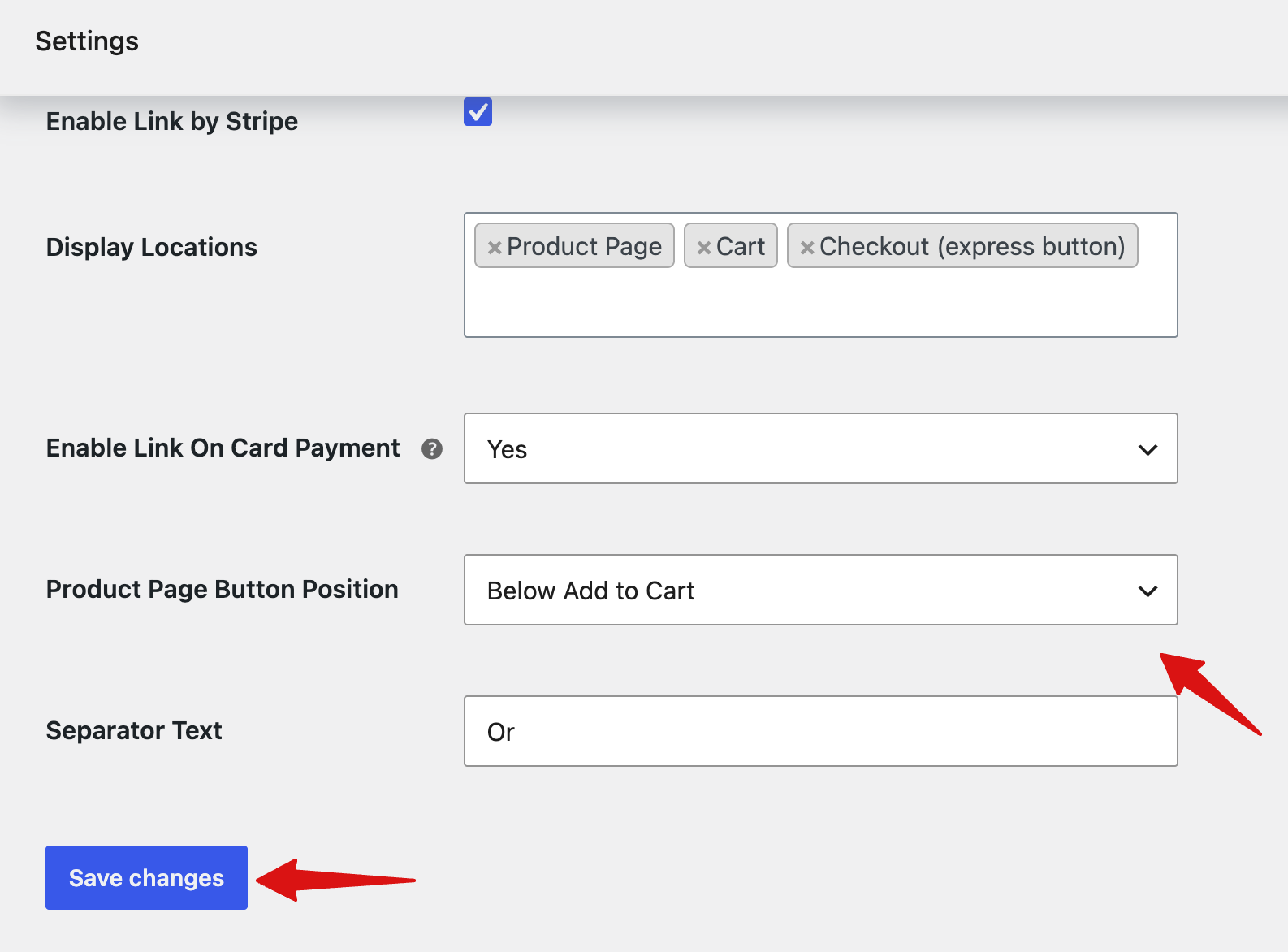 Configure Link by Stripe button position and separator text