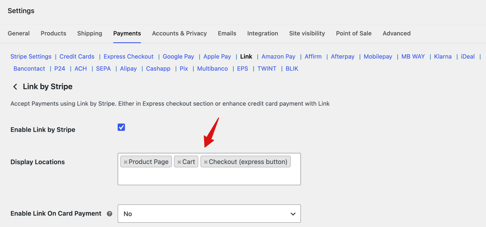 Choose Link by Stripe display locations for the product page, cart, and checkout