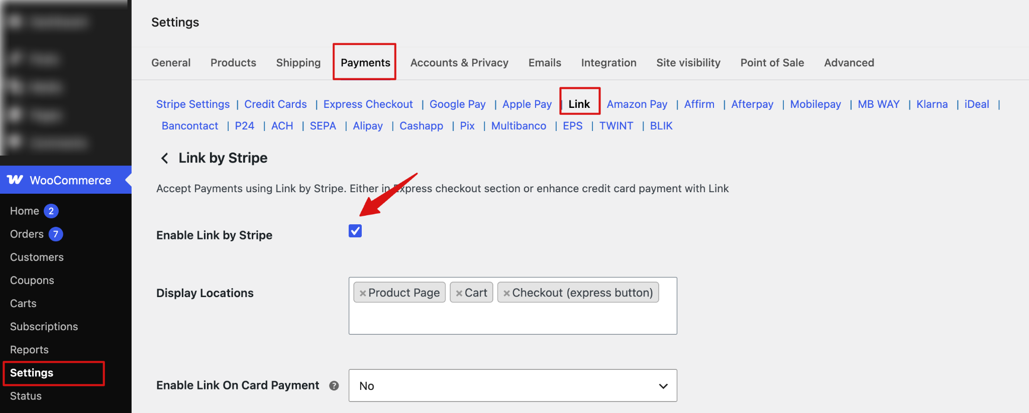 Enable Link by Stripe in WooCommerce payment settings