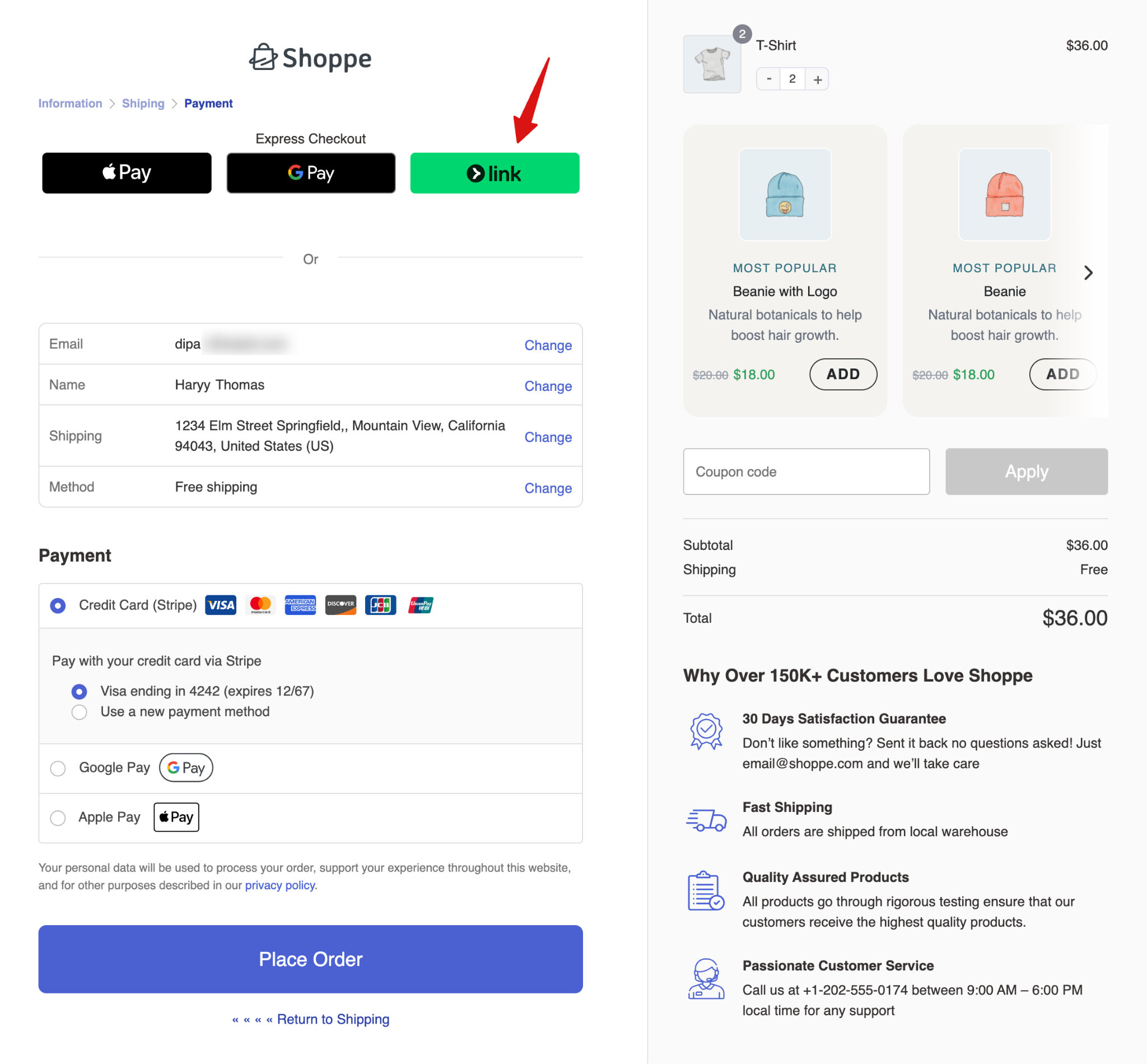 Link by Stripe option under Express Checkout on the checkout page