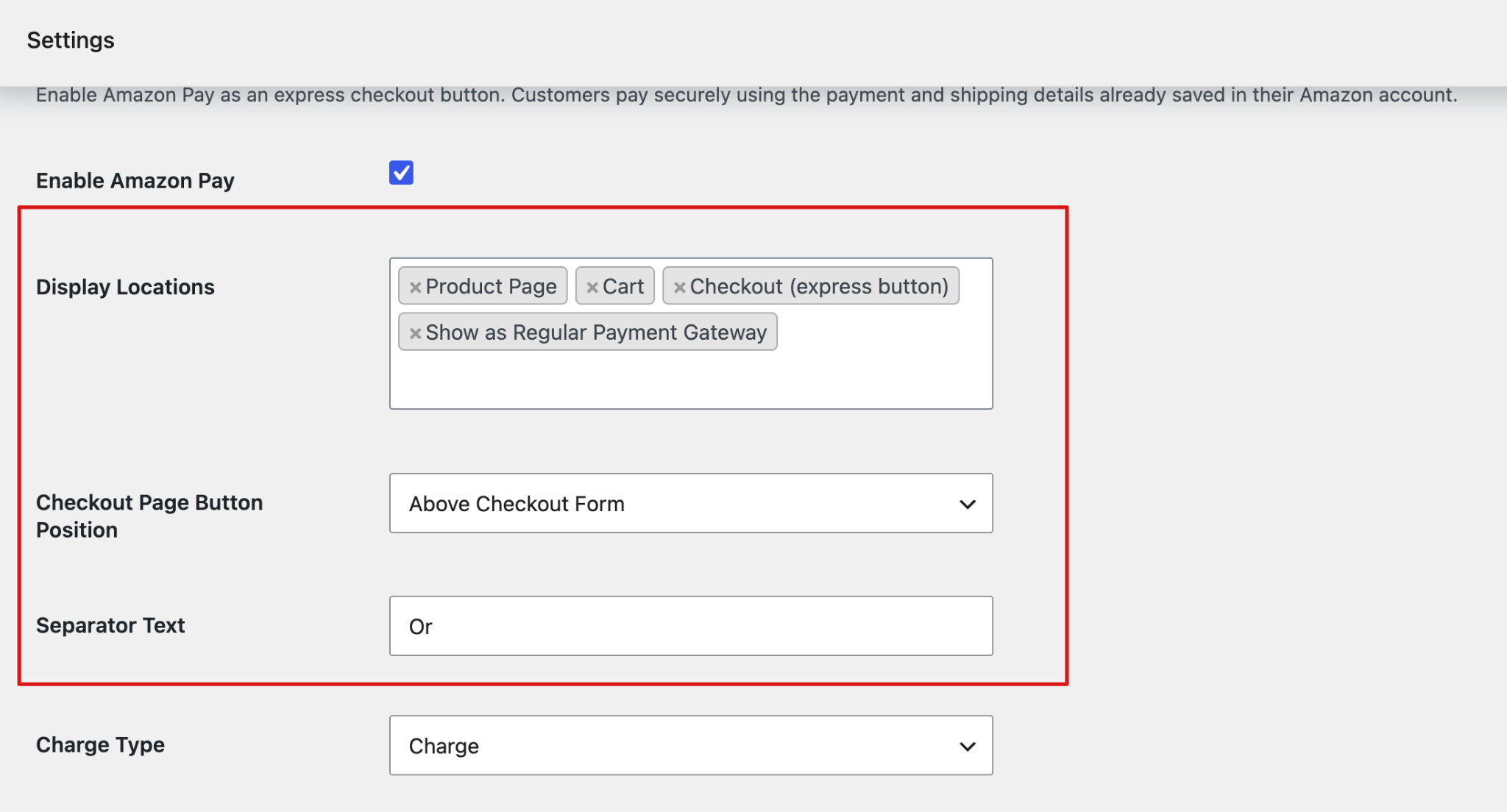 Configure Amazon Pay display locations, button position, and separator text
