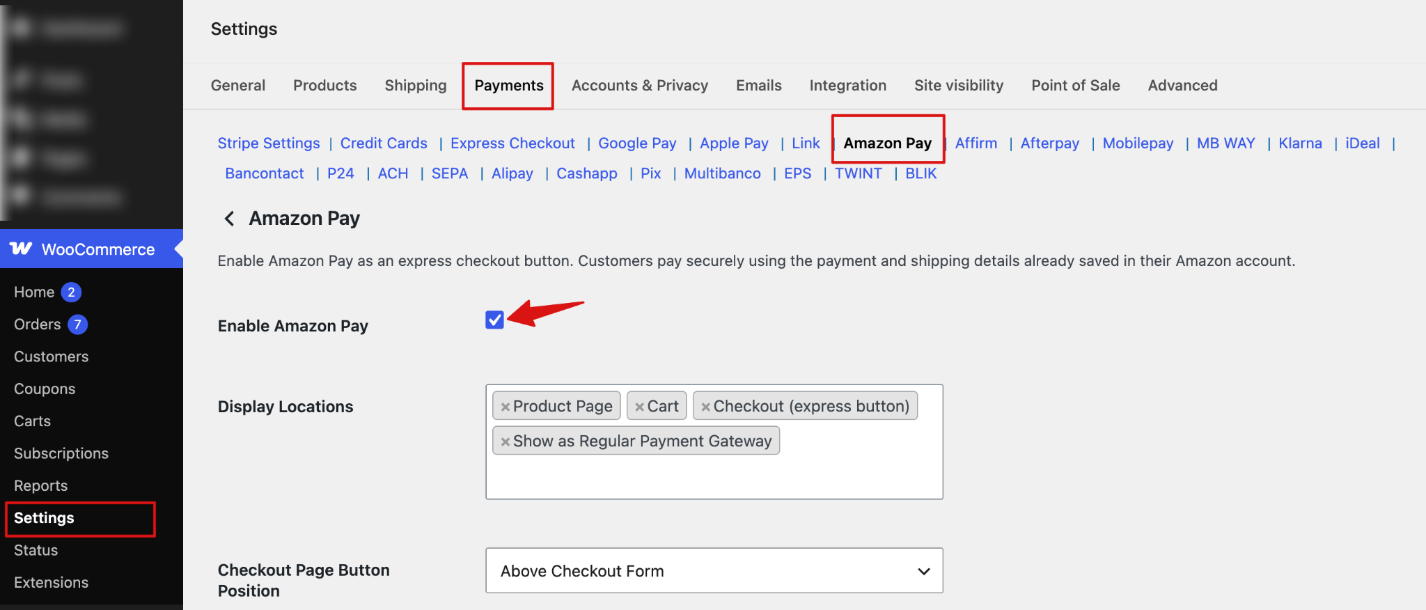 Enable Amazon Pay in WooCommerce payment settings