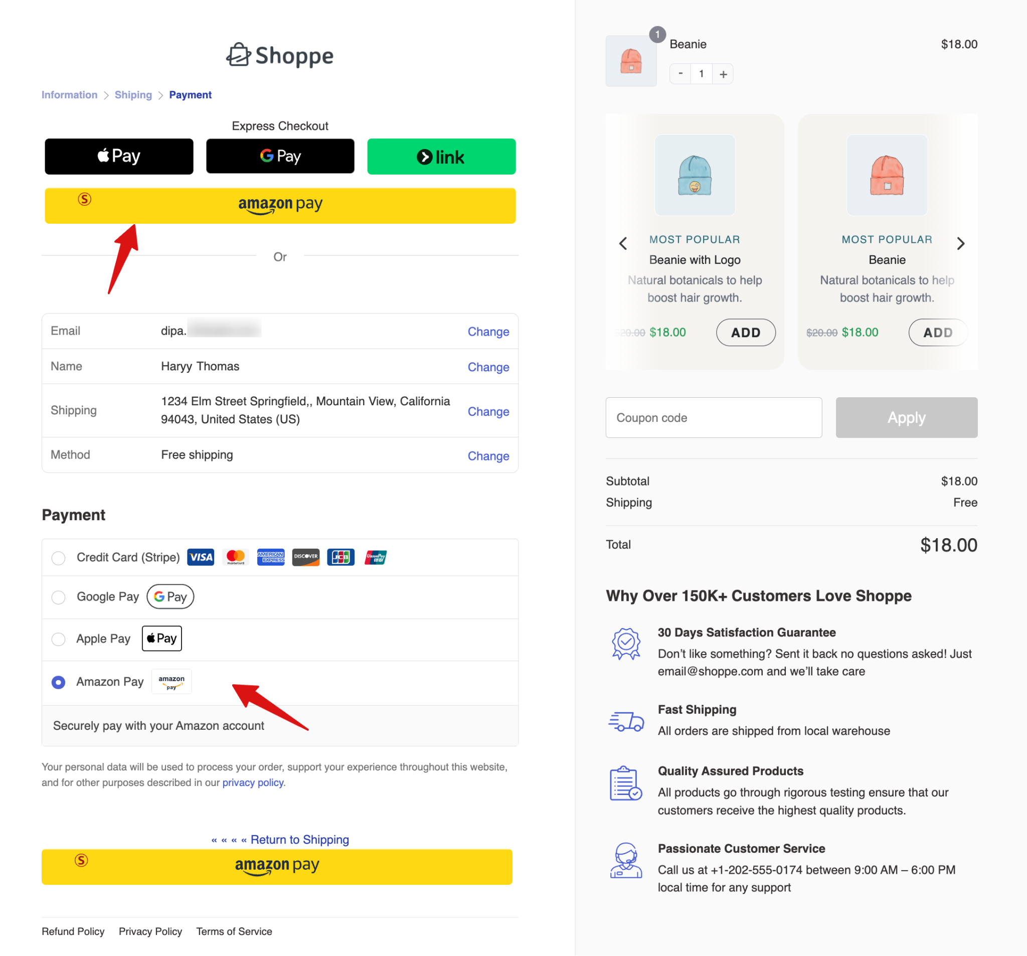 Amazon Pay express checkout and inline payment options