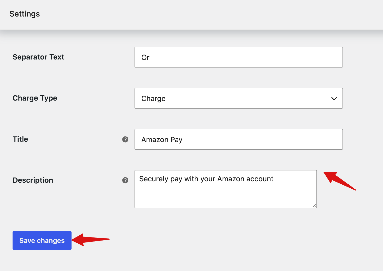 Set the Amazon Pay title and description for the payment gateway