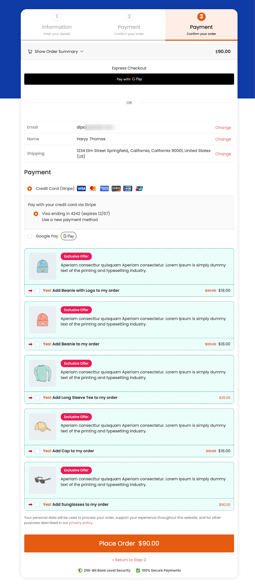 Existing multi-product order bump before converting to a slider