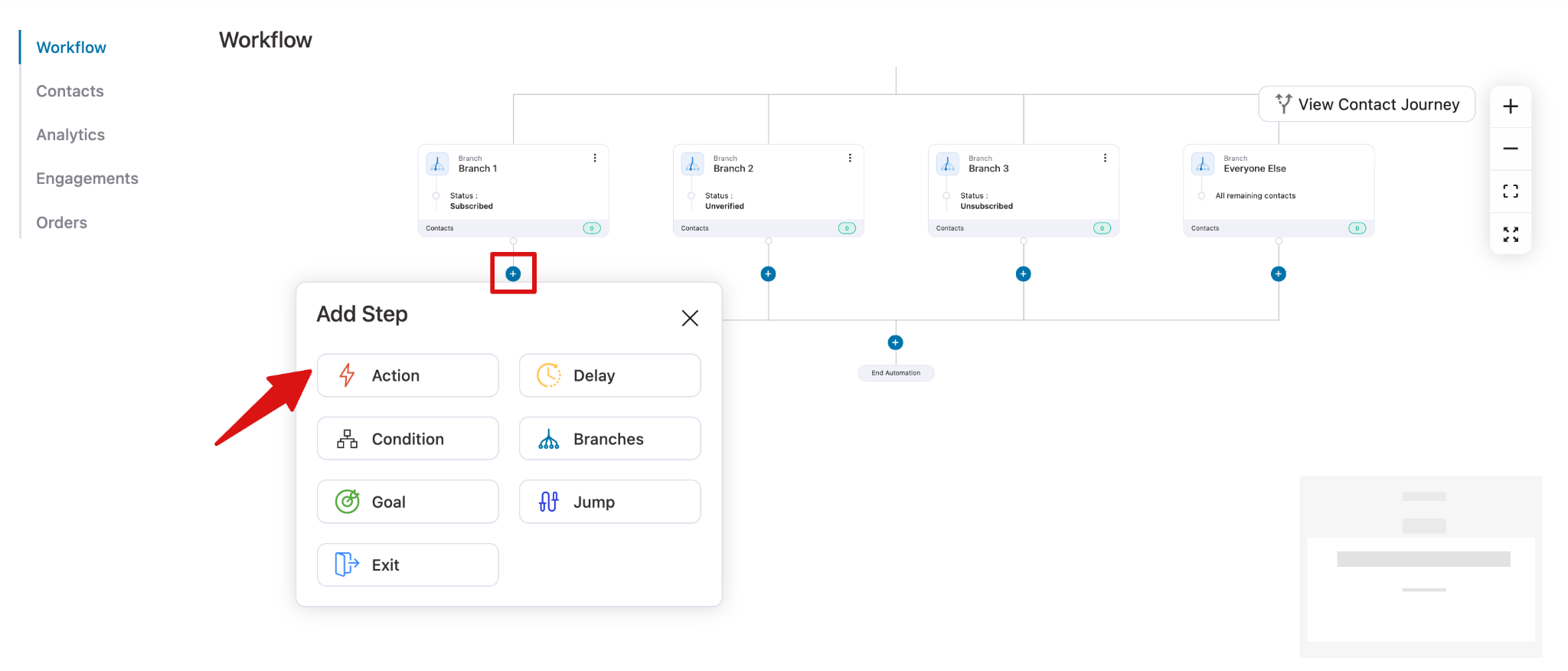 FunnelKit Automations branch action menu showing available follow-up workflow actions