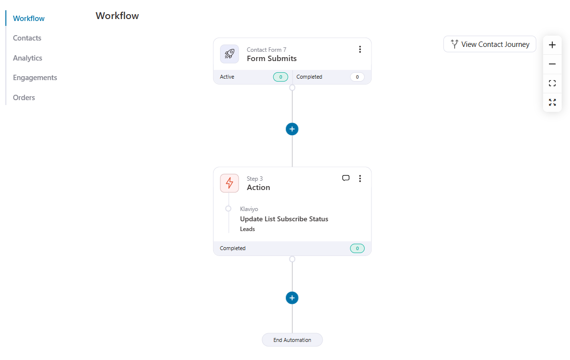 Create an automation using your form plugin’s submission trigger. Then chain ‘Add to List’ with ‘Update List Subscribe Status’ so each contact lands in Klaviyo with the correct consent state.